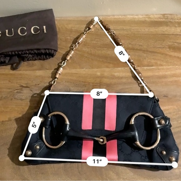 AUTH GUCCI HORSEBIT shoulder bag black pink stripe monogram stud bamboo detail - Picture 12 of 16